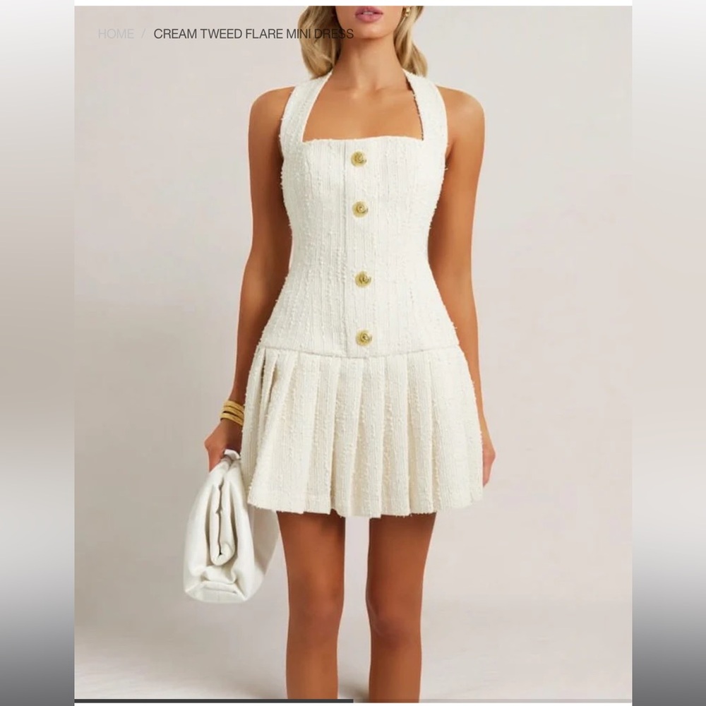 Cream flare tweed mini dress